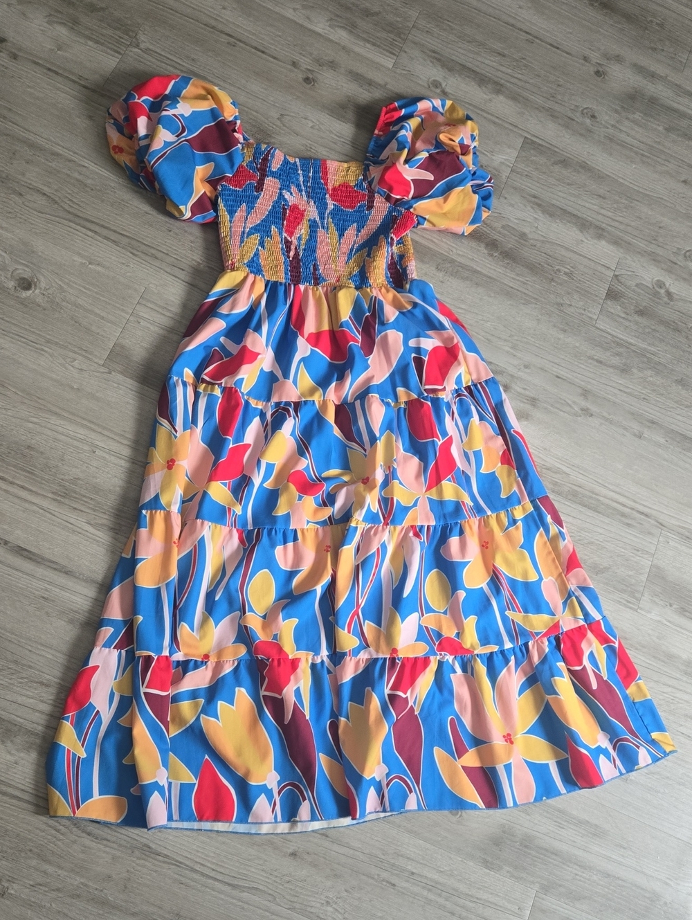 Bright Blue Floral Puff Sleeve Midi Dress